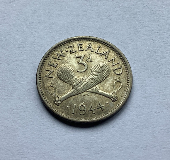 1944 New Zealand threepence coin .500 silver